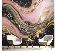 JEDTAKCT 3D Luxury Gold Leaf Marble Mural Wallpaper, Elegant Waves Wallpaper for Bedroom, Living Room, Tv Backdrop, Office, Pink Black 3D Large Wall Mural Wall Paper Decor Poster 250X175Cm (Wxh)