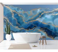 JEDTAKCT 3D Panoramic Custom Abstract Wave Texture Wallpaper Murals, Watercolor Marble Non-Woven Wall Murals, Blue Modern Living Room Kitchen Dining Room Bedroom Wallpaper 200X140Cm (W X H)