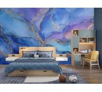 JEDTAKCT 3D Panoramic Custom Dreamy Gradient Marble Wallpaper Murals, Watercolor Waves Non-Woven Wall Murals, Navy Blue Modern Living Room Kitchen Dining Room Bedroom Wallpaper 450X315Cm (W X H)