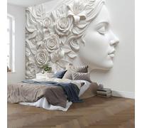 JEDTAKCT 3D Panoramic Custom Elegant Lady Relief Wallpaper Murals, Romantic Roses Non-Woven Wall Murals, White Modern Living Room Kitchen Dining Room Bedroom Wallpaper 450X315Cm (W X H)