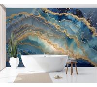 JEDTAKCT 3D Panoramic Custom Gold Leaf Wave Marble Wallpaper Murals, Luxury Agate Waves Non-Woven Wall Murals, Dark Blue Modern Living Room Kitchen Dining Room Bedroom Wallpaper 400X280Cm (W X H)