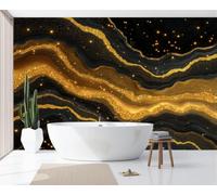JEDTAKCT 3D Panoramic Custom Luxury Wave Marble Wallpaper Murals, Agate Starry Sky Non-Woven Wall Murals, Black and Gold Modern Living Room Kitchen Dining Room Bedroom Wallpaper 200X140Cm (W X H)