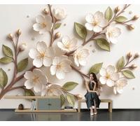 JEDTAKCT 3D Panoramic Custom Pearl Flower Tree Relief Wallpaper Murals, Elegant Plants Non-Woven Wall Murals, Cream Modern Living Room Kitchen Dining Room Bedroom Wallpaper 400X280Cm (W X H)