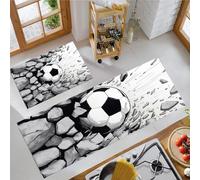 JEDTAKCT 3D Soccer Ball Stone Wall Kitchen Carpet Runners Black White Non Slip Washable Kitchen Rug Set Hand-Drawn Anime Absorbent Low Pile Floor Mat For Bedroom Entrance Laundry, 40X60Cm+40X120Cm