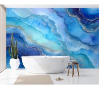 JEDTAKCT 3D Wall Mural Gradient Wavy Marble 350X256Cm Photo Wallpaper, Blue Fresh Watercolor Stripes Non-Woven Mural Wallpaper for Living Room Bedroom Kids Room Tv Sofa Background Wall Decor