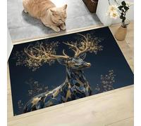 JEDTAKCT 60X90Cmdoor Mat Small Marble Flowers Deer Rugs Washable Rug Foldable Luxurious Animals Print Short Pile Thin Rugs Non Slip Carpet For Living Room Entryway Bathroom Bedroom, Black And Gold,