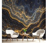JEDTAKCT Abstract Marble Wall Murals Wave Starry Sky 3D Wall Mural Black Gold Large Photo Wallpaper Hd Printing Print for Living Room Bedroom Hallway Stairway Home Decoration, 300X210Cm