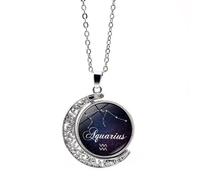 JEDTAKCT Aquarius Zodiac Sign Pendant Necklace - Night Sky 12 Constellations Time Gem Moon Pendant Necklace, Horoscope Coin Disc Snake Bone Chain Pendant Charm Choker,Aquarius,45+5Cm