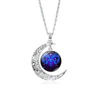 JEDTAKCT Aries Luminous 12 Constellations Zodiac Signs Necklaces - Crescent Moon Glass Ball Pendant Adjustable Chains Necklace For Women And Men Birthday Jewelry Gifts,Aries,55+5Cm