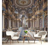 JEDTAKCT Baroque Library Photo Wallpaper Luxurious Architecture Wall Mural Silk Wall Decor Blue and Gold Art Poster Picture Design Mural Wallpaper for Living Room Bedroom Dorm Décor 300X210Cm
