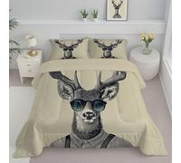 JEDTAKCT Beige Double Duvet, Quilt 4.5 Tog For Summer Autumn, Reversible Coverless Duvet With Retro Reindeer British Style Animal, Lightweight Soft Comforter, 200X200Cm, Washable