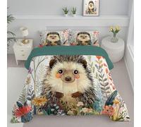 JEDTAKCT Beige King Duvet Cute Hedgehog Reversible Coverless Duvet All Seasons Quilt With Watercolor Wildflowers Printed, Lightweight Soft Comforter Set With Pillowcase, Washable
