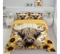 JEDTAKCT Beige Super King Duvet, Quilt 4.5 Tog For Summer Autumn, Reversible Coverless Duvet With Country Highland Cattle Vintage Sunflower, Lightweight Soft Comforter, 260X230Cm, Washable