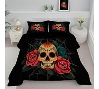 JEDTAKCT Black And Red King Duvet, Mexican Skull Quilt Ideal For Summer Autumn, Reversible Coverless Duvet With Halloween Rose, Lightweight Soft Comforter, 240X220Cm, Machine Washable