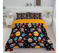 JEDTAKCT Black King Duvet, Cartoon Planet Quilt Ideal For Summer Autumn, Reversible Coverless Duvet With Wonderful Universe, Lightweight Soft Comforter, 240X220Cm, Machine Washable