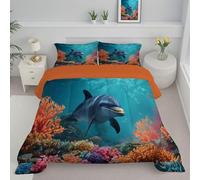 JEDTAKCT Blue Green Single Duvet Cute Dolphin Reversible Coverless Duvet All Seasons Quilt With Coral Landscape Printed, Lightweight Soft Comforter Set With Pillowcase, Washable