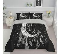 JEDTAKCT Bohemian Moon King Coverless Duvet - Minimalist Dream Catcher Coverless Quilt Comforter With Matching Pillowcase Reversible Design - Machine Washable - Black And White - 240X220Cm