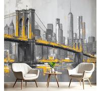 JEDTAKCT Brooklyn Bridge View Photo Wallpaper Oil Painting City Wall Mural Silk Wall Decor Gray Gold Art Poster Picture Design Mural Wallpaper for Living Room Bedroom Dorm Décor 400X280Cm