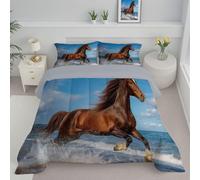 JEDTAKCT Brown Horse Beach Super King Duvet Reversible Coverless Duvet, Soft All Seasons Comforter Sky Blue Machine Washable Microfiber Quilt With Pillowcases, 260X230Cm Animal Landscape