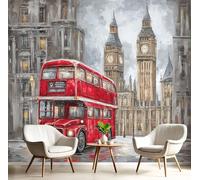JEDTAKCT Brown Photo Wallpaper London Double Decker Bus 98"X 69" 250X175Cm (W X H), Oil Painting Big Ben Wall Art Wallpaper Mural Modern Design Living Room Bedroom Hallway Murals Wall Decoration