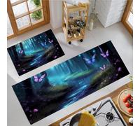 JEDTAKCT Butterfly River Carpet Runners For Kitchen Non-Slip Fantasy Forest Kitchen Rug Runner Washable Short Pile Floor Mat For Entryway Bedroom Laundry Room, Royal Blue, 43X75Cm+43X150Cm