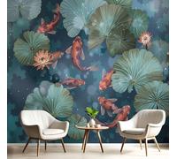 JEDTAKCT Carp Lotus Pond Mural Chinese Landscape Photo Wallpaper Dark Green Wallpaper Art Poster Picture Design Kids Wall Paper For Bedroom Living Room Wall Mural Poster Decor 300X210Cm