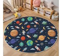 JEDTAKCT Cartoon Astronaut Planet Round Rug 60 Cm, Fun Illustration Circle Rugs For Entryway, Low-Pile Dark Blue Rugs For Living Room, Stain Resistant Medallion Circular Carpet For Kids Bedroom