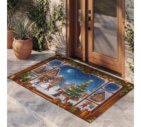 JEDTAKCT Cartoon Christmas Window View Washable Doormat 60X90Cm, Non-Slip, Dark Blue | Low-Pile Approx 6Mm, Festive Rug With Winter Christmas Town, Xmas Carpet For Kitchen Hallway Entry Bedroom