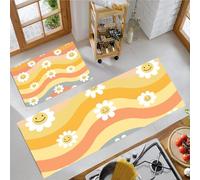 JEDTAKCT Cartoon Daisy Kitchen Floor Mats, 2 Pcs Stain-Resistant Set, Absorbent Quick Drying, Non-Slip Kitchen Carpets Rugs, Bohemian Stripes Runners Mat (Light Orange, 50X80Cm+50X150Cm)