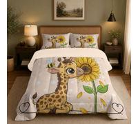 JEDTAKCT Cartoon Giraffe Bee Coverless Duvet Single 7.5 Tog Summer | Beige, Cute Sunflower Polka Dot Soft Cosy Lightweight Quilt, Machine Washable, All In One Reversible Comforter Set
