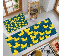 JEDTAKCT Cartoon Yellow Duck Kitchen Floor Mats, 2 Pcs Stain-Resistant Set, Absorbent Quick Drying, Non-Slip Kitchen Carpets Rugs, Fun Animals Runners Mat (Blue-Green, 43X75Cm+43X150Cm)