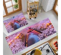 JEDTAKCT Cherry Blossom River Kitchen Mats Non Slip Washable Kitchen Rug Sets 2 Piece Blush Pink Japanese Street Carpet Runners Floor Mat For Hallway Laundry Room 44X75Cm+44X120Cm