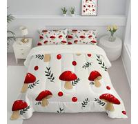 JEDTAKCT Cherry Red Super King Duvet Mushroom Berry Reversible Coverless Duvet All Seasons Quilt With Cute Plants Printed, Lightweight Soft Comforter Set With Pillowcase, Washable