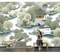 JEDTAKCT Chinese Lake Landscape 3D Wallpaper, Olive Green Traditional Architecture Wall Mural for Living Room Bedroom Lounge, Modern Photo Silk Wallpaper Mural Decorative Wall Art 250X175Cm