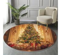 JEDTAKCT Christmas Round Rug 100 Cm Washable, Beige Elegant Christmas Tree Non-Slip Xmas Circle Rug, Baroque Architecture Decorative Carpet, Soft Low Pile Bedside Carpet For Living Room Bedroom