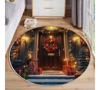 JEDTAKCT Christmas Round Rug 120 Cm, Brown Washable Bedroom Circle Rug, Christmas Architecture Mistletoe Wreath Non-Slip Soft Floor Carpet For Living Room Kids Nursery Room Xmas New Year Decor