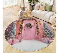 JEDTAKCT Christmas Round Rug 200 Cm, Pastelpink Washable Bedroom Circle Rug, Christmas Wreath Romantic Architecture Non-Slip Soft Floor Carpet For Living Room Kids Nursery Room Xmas New Year Decor