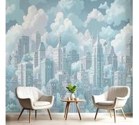 JEDTAKCT Cloud City Photo Wallpaper Cartoon Buildings Wall Mural Silk Wall Decor Blue-Green Art Poster Picture Design Mural Wallpaper for Living Room Bedroom Dorm Décor 400X280Cm