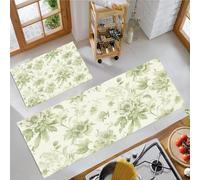 JEDTAKCT Country Rose Kitchen Carpet Runners Sage Green Non Slip Washable Kitchen Rug Set Absorbent Victorian Flowers Low Pile Floor Mat For Bedroom Entrance Laundry Room, 40X60Cm+40X120Cm