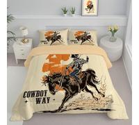 JEDTAKCT Cowboy Horse Coverless Duvet Double 4.5 Tog, Western Poster Reversible Comforter With Pillowcases, 200X200Cm Quilt Lightweight Warm All Season 200Gsm Filling, Beige