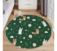 JEDTAKCT Cute Animals Round Rug 120 Cm, Fox Rabbit Flowers Circle Rugs For Entryway Foyer, Low-Pile Emerald Green Rugs For Living Room, Stain Resistant Medallion Circular Carpet For Bedroom