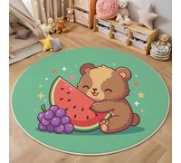 JEDTAKCT Cute Bear Watermelon Round Rug 100 Cm, Cartoon Animals Circle Rugs For Entryway, Low-Pile Forest Green Rugs For Living Room, Stain Resistant Medallion Circular Carpet For Kids Bedroom