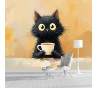 JEDTAKCT Cute Cat Teacup Wallpaper Mural Cartoon Oil Painting Photo Wallpaper Nature 3D Wall Mural 200X140Cm Beige Yellow Art Print Decoration Poster Picture for Living Room Bedroom Tv Backdrop