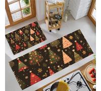 JEDTAKCT Cute Christmas Tree Kitchen Floor Mats, 2 Pcs Stain-Resistant Set, Absorbent Quick Drying, Non-Slip Kitchen Carpets Rugs, Snowflakes Stars Runners Mat (Dark Green, 40X60+40X120Cm)