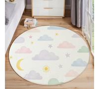 JEDTAKCT Cute Clouds Stars Round Rug 60 Cm, Dreamy Watercolor Circle Rugs For Entryway, Low-Pile Beige Rugs For Living Room, Stain Resistant Medallion Circular Carpet For Kids Bedroom