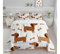 JEDTAKCT Cute Dachshund King Coverless Duvet - Cartoon Animal Coverless Quilt Comforter With Matching Pillowcase Reversible Design - Machine Washable - Cream - 240X220Cm