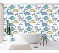 JEDTAKCT Cute Dinosaur Theme Background Wall Mural - 450X315Cm Cartoon Animal Mountain Photo Wallpaper for Boys' Bedroom, Living Room, Playroom, Teen Room, Blue-Green 3D Photo Mural Wall Art