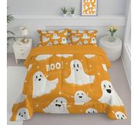JEDTAKCT Cute Ghost Coverless Duvet Double 4.5 Tog, Fun Halloween Reversible Comforter With Pillowcases, 200X200Cm Quilt Lightweight Warm All Season 200Gsm Filling, Coral Orange