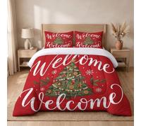JEDTAKCT Cute Snowflake Christmas Tree Reversible Coverless Duvet Single 7.5 Tog | Red White Fun Welcome Letters Quilt Comforter Set Soft Lightweight Warm All Seasons Washable 140X200Cm Bedding Set