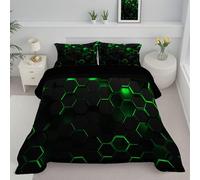 JEDTAKCT Dark Green King Duvet, Quilt 4.5 Tog For Summer Autumn, Reversible Coverless Duvet With Honeycomb Geometry Cyberpunk, Lightweight Soft Comforter, 240X220Cm, Washable